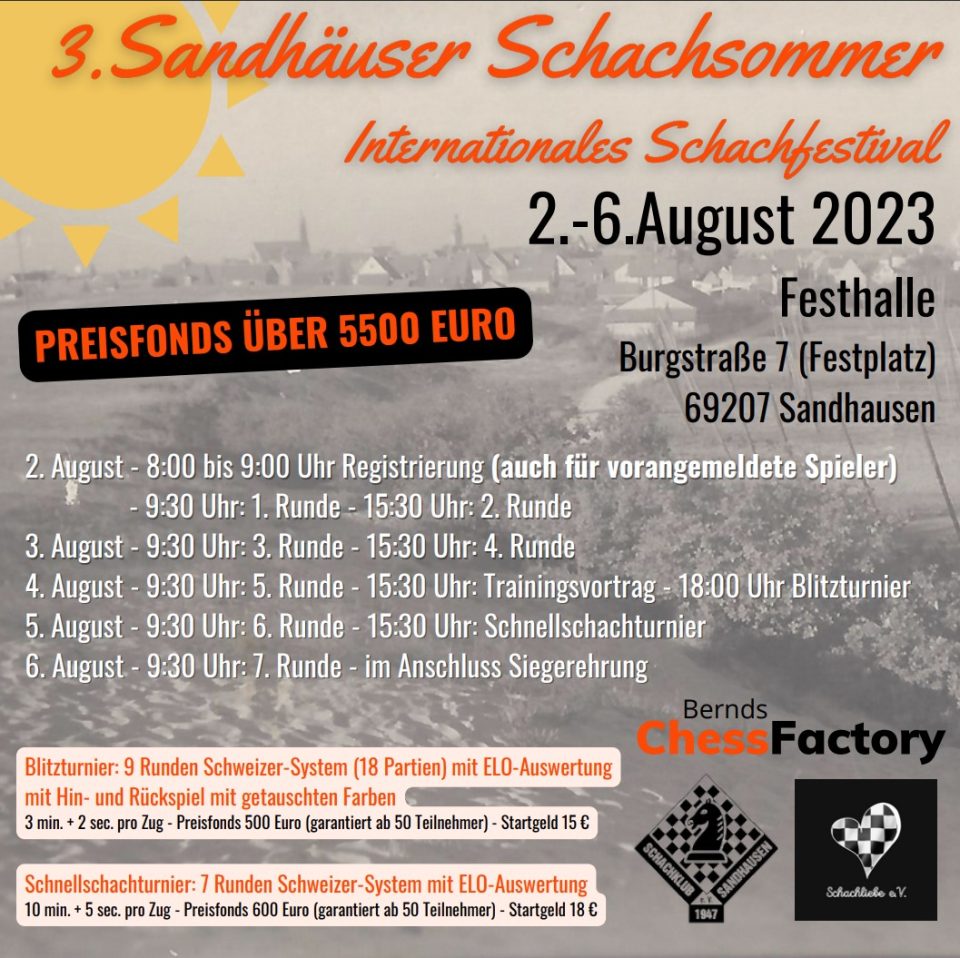 Zeitangaben für den Beginn der Runden des Sandhäuser Schachsommers. Zusätzlich die Zeitmodi des Blitz- und Schnellschachturniers.